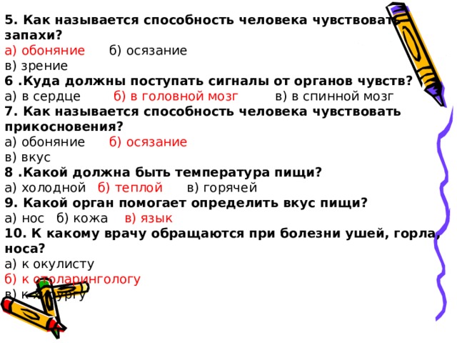 5. Как называется способность человека чувствовать запахи? а) обоняние б) осязание в) зрение 6 .Куда должны поступать сигналы от органов чувств? а) в сердце б) в головной мозг в) в спинной мозг 7. Как называется способность человека чувствовать прикосновения? а) обоняние б) осязание в) вкус 8 .Какой должна быть температура пищи? а) холодной б) теплой в) горячей 9. Какой орган помогает определить вкус пищи? а) нос б) кожа в) язык 10. К какому врачу обращаются при болезни ушей, горла, носа? а) к окулисту б) к отоларингологу в) к хирургу    