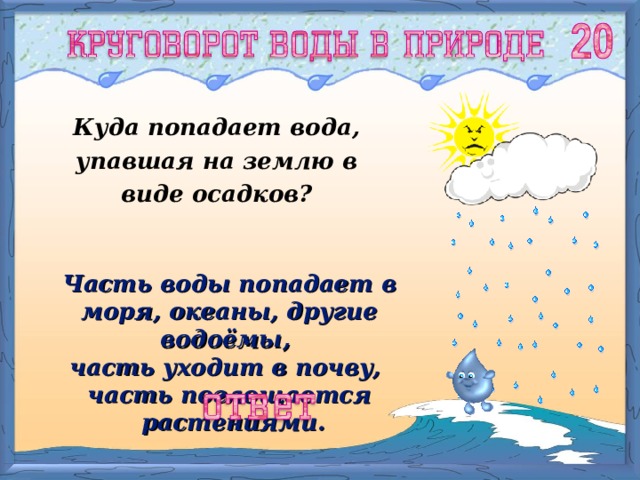 Куда попадает вода, упавшая на землю в виде осадков? Часть воды попадает в моря, океаны, другие водоёмы, часть уходит в почву, часть поглощается  растениями. 