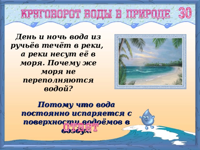 День и ночь вода из ручьёв течёт в реки, а реки несут её в моря. Почему же моря не переполняются водой? Потому что вода постоянно испаряется с поверхности водоёмов в воздух. 