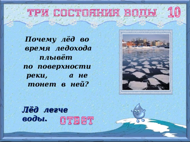 Почему лёд во время ледохода плывёт по поверхности реки, а не тонет в ней? Лёд легче воды. 