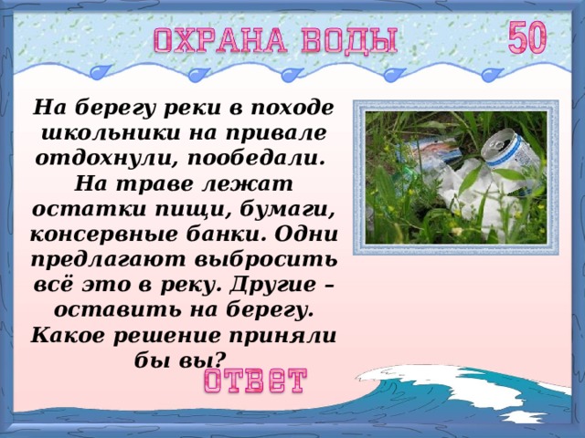 На берегу реки в походе школьники на привале отдохнули, пообедали. На траве лежат остатки пищи, бумаги, консервные банки. Одни предлагают выбросить всё это в реку. Другие – оставить на берегу. Какое решение приняли бы вы? 