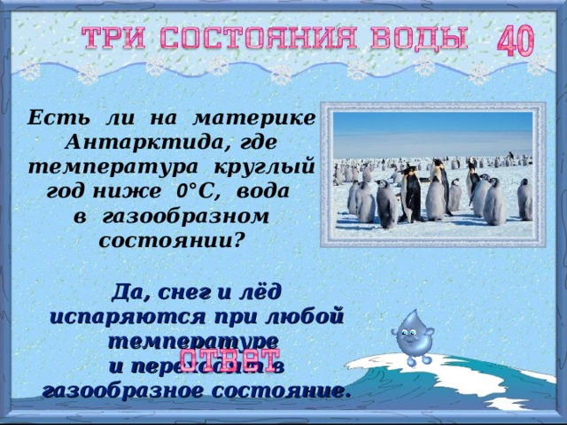 Есть ли на материке Антарктида, где температура круглый год ниже 0 ° С, вода в газообразном состоянии? Да, снег и лёд испаряются при любой температуре и переходят в газообразное состояние. 