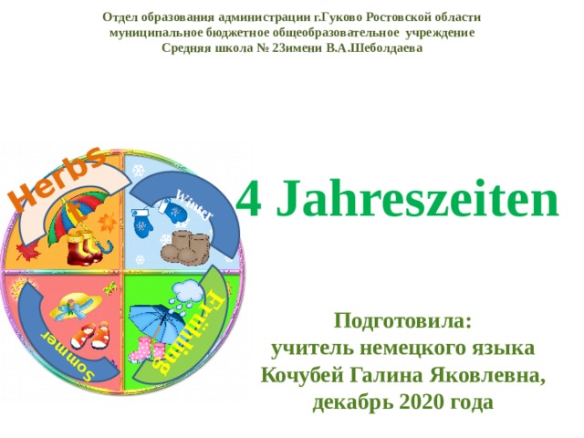 Winter Herbst Sommer Frühling Отдел образования администрации г.Гуково Ростовской области муниципальное бюджетное общеобразовательное учреждение Средняя школа № 23имени В.А.Шеболдаева 4 Jahreszeiten Подготовила: учитель немецкого языка Кочубей Галина Яковлевна, декабрь 2020 года 
