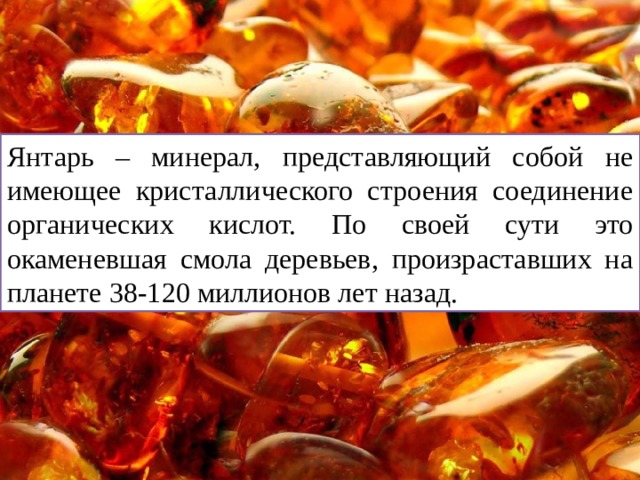 Янтарь – минерал, представляющий собой не имеющее кристаллического строения соединение органических кислот. По своей сути это окаменевшая смола деревьев, произраставших на планете 38-120 миллионов лет назад. 