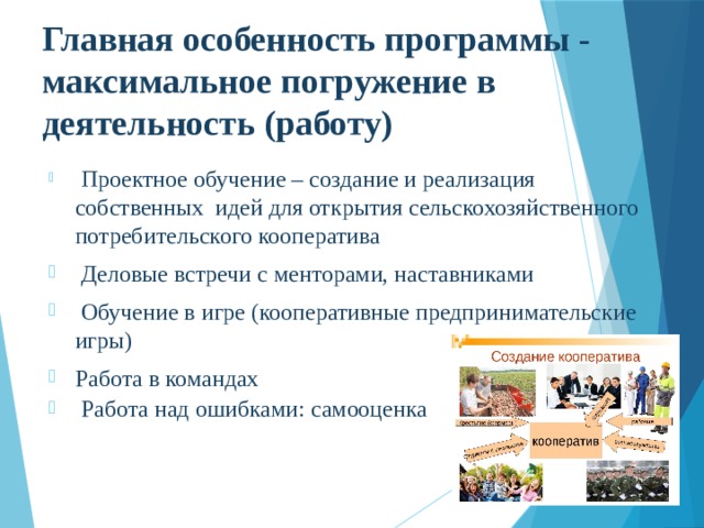 Главная особенность программы - максимальное погружение в деятельность (работу)  Проектное обучение – создание и реализация собственных идей для открытия сельскохозяйственного потребительского кооператива  Деловые встречи с менторами, наставниками  Обучение в игре (кооперативные предпринимательские игры) Работа в командах  Работа над ошибками: самооценка 