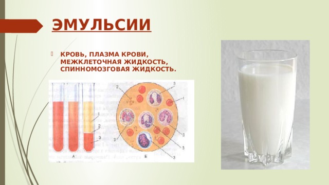  ЭМУЛЬСИИ КРОВЬ, ПЛАЗМА КРОВИ, МЕЖКЛЕТОЧНАЯ ЖИДКОСТЬ, СПИННОМОЗГОВАЯ ЖИДКОСТЬ. 