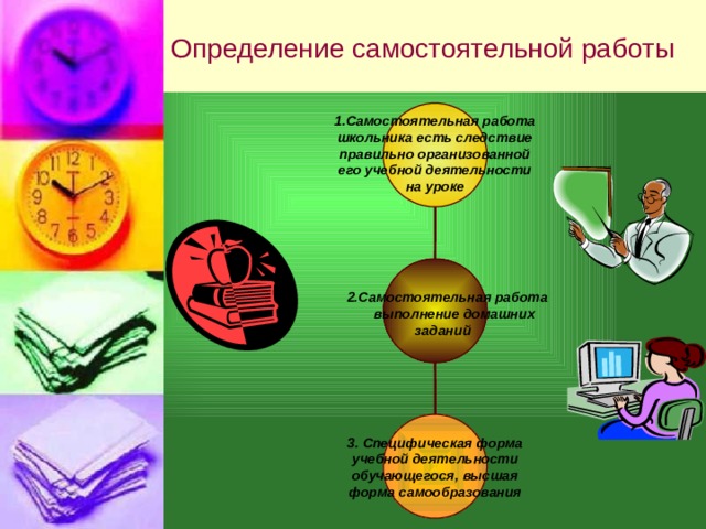 Определение самостоятельной работы  1.Самостоятельная работа школьника есть следствие правильно организованной его учебной деятельности на уроке    2.Самостоятельная работа  выполнение домашних  заданий 3. Специфическая форма учебной деятельности обучающегося, высшая форма самообразования 