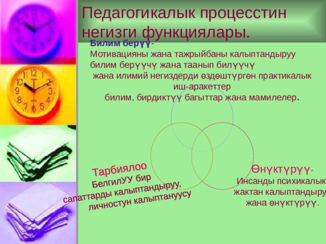 Педагогикалык процесстин негизги функциялары. Тарбиялоо Белгилүү бир сапаттарды калыптандыруу,  личностун калыптануусу Билим берүү - Мотивацияны жана тажрыйбаны калыптандыруу билим берүүчү жана таанып билүүчү  жана илимий негиздерди өздөштүргөн практикалык иш-аракеттер билим, бирдиктүү багыттар жана мамилелер . Өнүктүрүү - Инсанды психикалык жактан калыптандыруу жана өнүктүрүү. 