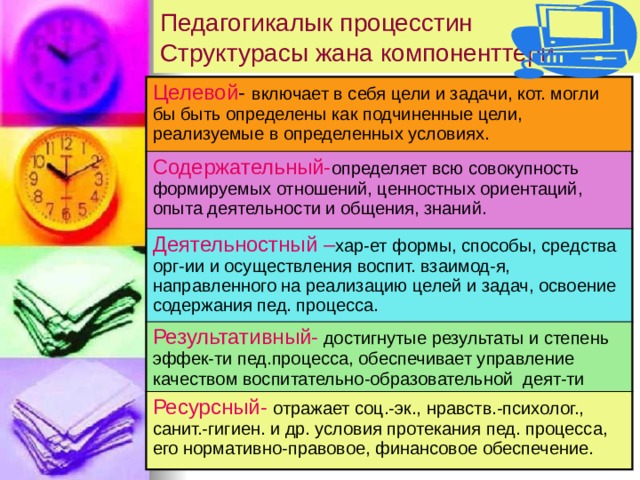 Педагогикалык процесстин  Структурасы жана компоненттери Целевой - включает в себя цели и задачи, кот. могли бы быть определены как подчиненные цели, реализуемые в определенных условиях. Содержательный- определяет всю совокупность формируемых отношений, ценностных ориентаций, опыта деятельности и общения, знаний. Деятельностный – хар-ет формы, способы, средства орг-ии и осуществления воспит. взаимод-я, направленного на реализацию целей и задач, освоение содержания пед. процесса. Результативный-  достигнутые результаты и степень эффек-ти пед.процесса, обеспечивает управление качеством воспитательно-образовательной деят-ти Ресурсный- отражает соц.-эк., нравств.-психолог., санит.-гигиен. и др. условия протекания пед. процесса, его нормативно-правовое, финансовое обеспечение. 