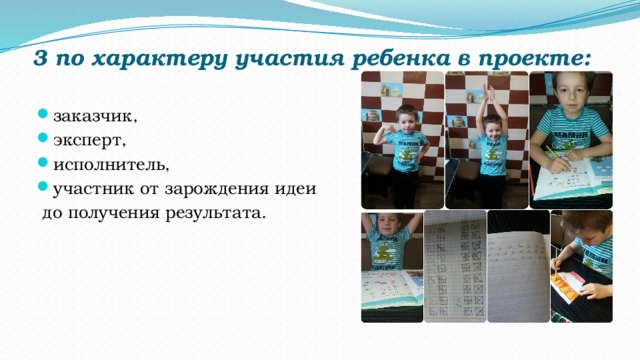 3 по характеру участия ребенка в проекте:    заказчик, эксперт, исполнитель, участник от зарождения идеи  до получения результата. 