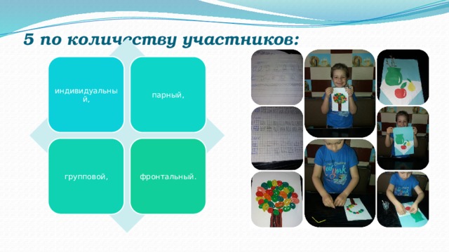 5 по количеству участников:    индивидуальный, парный, групповой, фронтальный. 