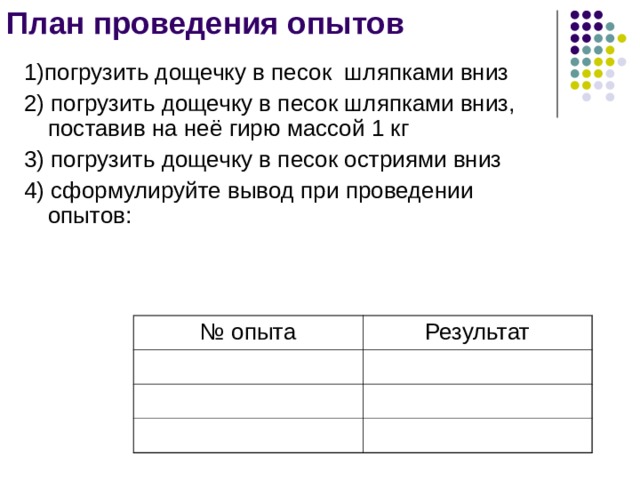 План проведения опытов 1)погрузить дощечку в песок шляпками вниз 2) погрузить дощечку в песок шляпками вниз, поставив на неё гирю массой 1 кг 3) погрузить дощечку в песок остриями вниз 4) сформулируйте вывод при проведении опытов: № опыта Результат 
