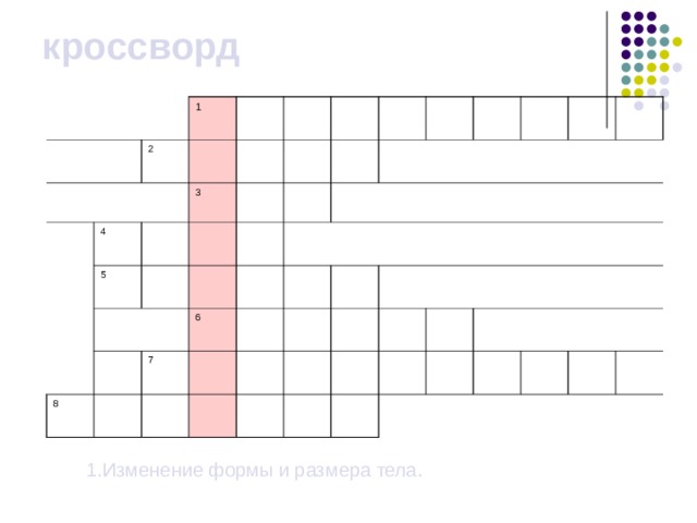 кроссворд 1 2 4 3 5 8 6 7 1.Изменение формы и размера тела. 