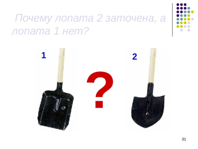  Почему лопата 2 заточена, а лопата 1 нет? 1 2 ?  
