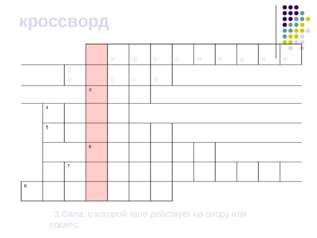 кроссворд 2 м 1 д 4 а е 5 3 ф с с о а 8 р м 6 7 а ц и я  3.Сила, с которой тело действует на опору или подвес. 