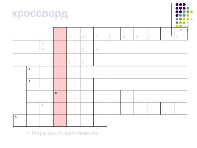 кроссворд 2 м 1 д е 4 а 5 3 в с ф е с о а р 8 с 7 м 6 а ц и я  4. Мера взаимодействия тел. 