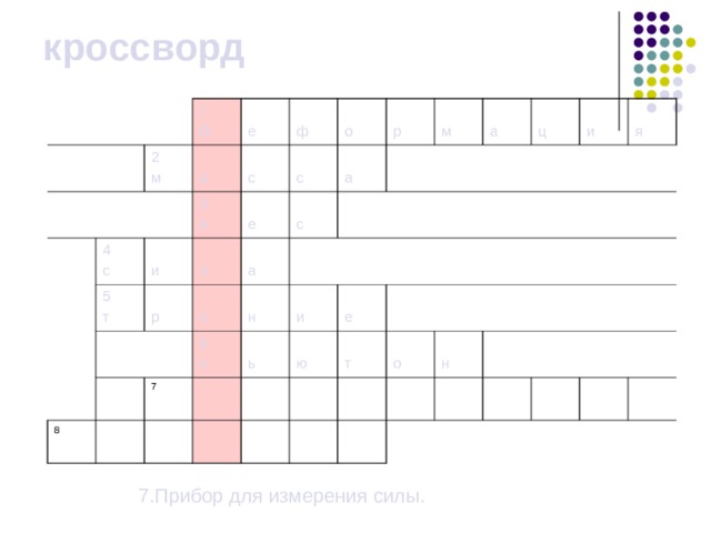 кроссворд 2 м 1 д а 4 с е 5 т ф с 3 в и р о с л е р 8 е а с а н 7 6 н м и ь а е ю ц т и о я н  7.Прибор для измерения силы. 