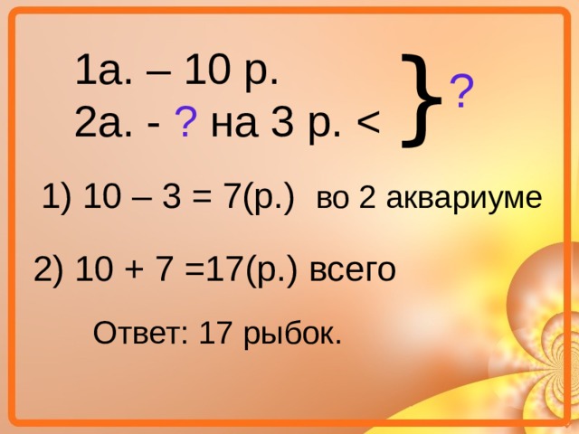 } 1а. – 10 р. 2а. - ? на 3 р. ? 1) 10 – 3 = 7(р.) во 2 аквариуме 2) 10 + 7 =17(р.) всего Ответ: 17 рыбок. 