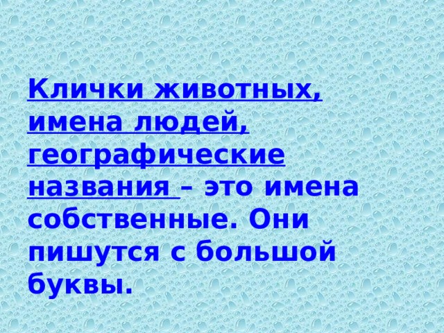 Клички животных, имена людей, географические названия – это имена собственные. Они пишутся с большой буквы. 
