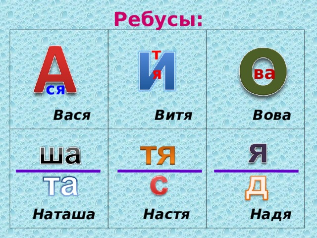 Ребусы: тя ва ся Вася Вова Витя Надя Наташа Настя 