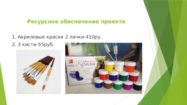  Ресурсное обеспечение проекта   1. Акриловые краски 2 пачки-410ру. 2. 3 кисти-55руб. 