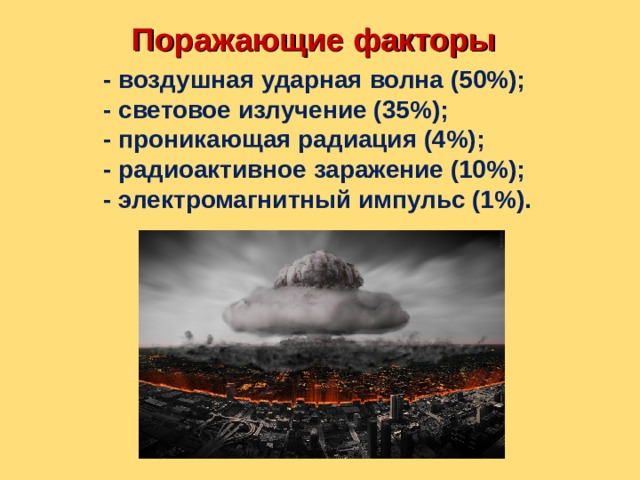 Поражающие факторы - воздушная ударная волна (50%); - световое излучение (35%); - проникающая радиация (4%); - радиоактивное заражение (10%); - электромагнитный импульс (1%). 