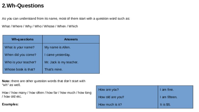 2.Wh-Questions As you can understand from its name, most of them start with a question word such as: What / Where / Why / Who / Whose / When / Which Wh-questions Answers What is your name? My name is Allen. When did you come? I came yesterday. Who is your teacher? Mr. Jack is my teacher. Whose book is that? That’s mine. Note: there are other question words that don’t start with 