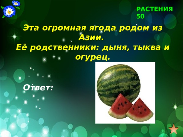 РАСТЕНИЯ 50 Эта огромная ягода родом из Азии. Её родственники: дыня, тыква и огурец. Ответ: 