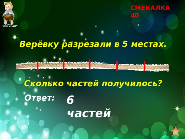 СМЕКАЛКА 40 Верёвку разрезали в 5 местах.    Сколько частей получилось? Ответ: 6 частей 
