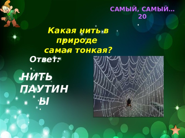 САМЫЙ, САМЫЙ… 20 Какая нить в природе самая тонкая? Ответ: НИТЬ ПАУТИНЫ 