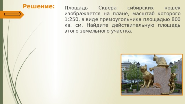 Решение: Площадь Сквера сибирских кошек изображается на плане, масштаб которого 1:250, в виде прямоугольника площадью 800 кв. см. Найдите действительную площадь этого земельного участка. 