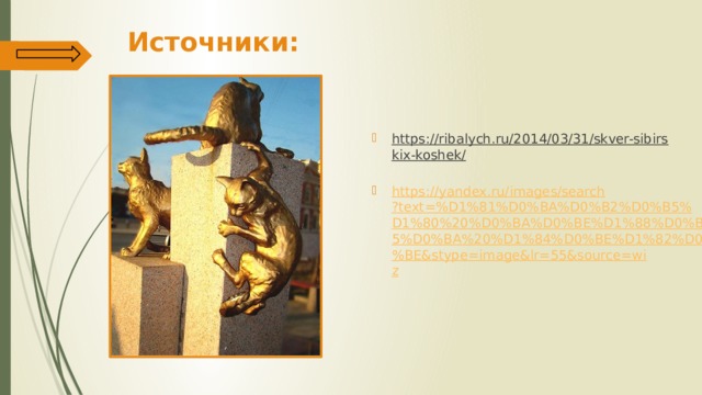Источники: https://ribalych.ru/2014/03/31/skver-sibirskix-koshek/  https://yandex.ru/images/search?text=%D1%81%D0%BA%D0%B2%D0%B5%D1%80%20%D0%BA%D0%BE%D1%88%D0%B5%D0%BA%20%D1%84%D0%BE%D1%82%D0%BE&stype=image&lr=55&source=wiz 