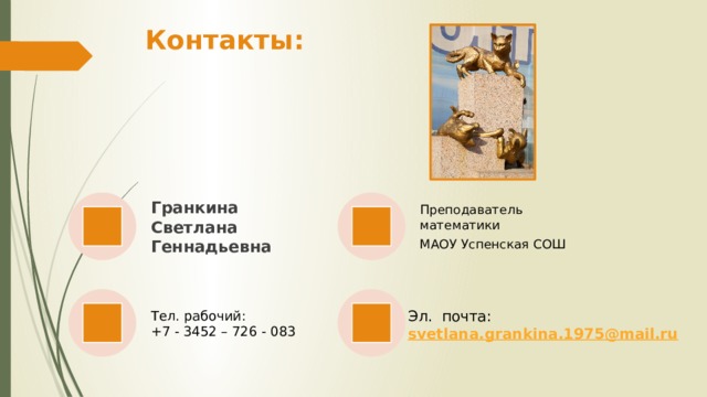 Контакты: Гранкина Светлана Геннадьевна Преподаватель математики МАОУ Успенская СОШ Тел. рабочий:  +7 - 3452 – 726 - 083 Эл. почта: svetlana.grankina.1975@mail.ru  