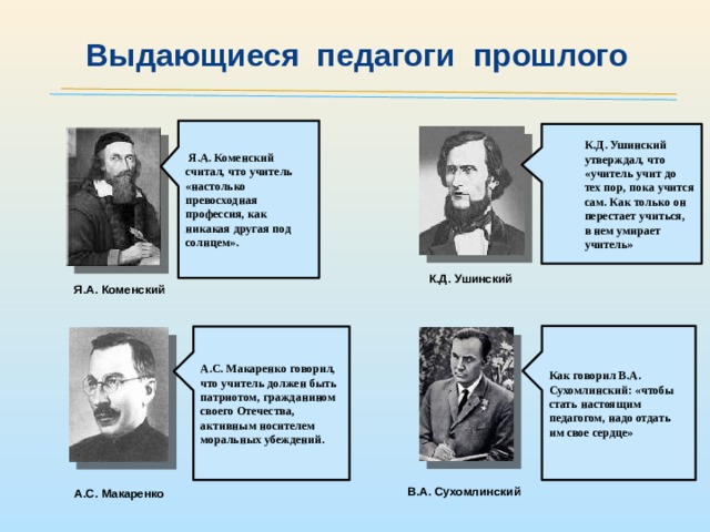 . Я.А. Коменский считал, что учитель «настолько превосходная профессия, как никакая другая под солнцем». К.Д. Ушинский утверждал, что «учитель учит до тех пор, пока учится сам. Как только он перестает учиться, в нем умирает учитель» А.С. Макаренко говорил, что учитель должен быть патриотом, гражданином своего Отечества, активным носителем моральных убеждений. Как говорил В.А. Сухомлинский: «чтобы стать настоящим педагогом, надо отдать им свое сердце» Выдающиеся педагоги прошлого К.Д. Ушинский Я.А. Коменский В.А. Сухомлинский А.С. Макаренко 5 
