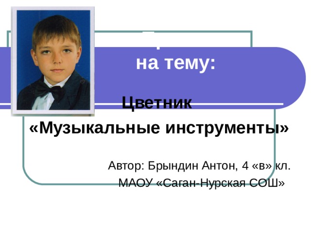 Проект  на тему: Цветник «Музыкальные инструменты»  Автор: Брындин Антон, 4 «в» кл.  МАОУ «Саган-Нурская СОШ» 