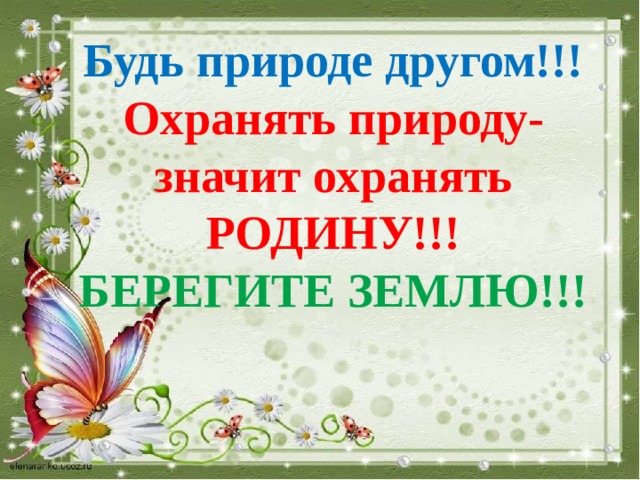 Будь природе другом!!!  Охранять природу-значит охранять РОДИНУ!!!  БЕРЕГИТЕ ЗЕМЛЮ!!! 