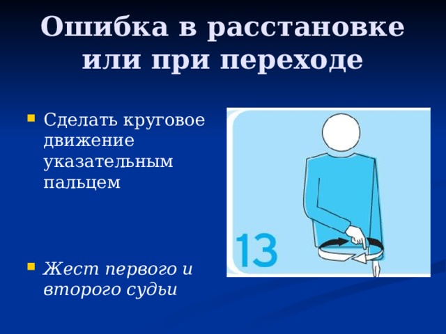Ошибка в расстановке или при переходе Сделать круговое движение указательным пальцем    Жест первого и второго судьи    