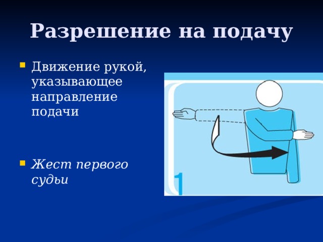 Разрешение на подачу Движение рукой, указывающее направление подачи Жест первого судьи 