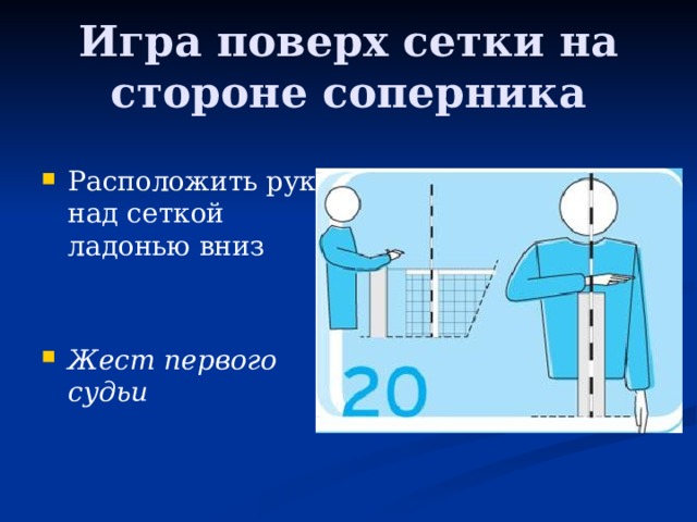 Игра поверх сетки на стороне соперника Расположить руку над сеткой ладонью вниз Жест первого судьи 