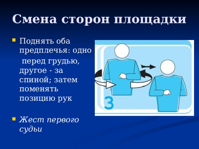 Смена сторон площадки Поднять оба предплечья: одно  перед грудью, другое - за спиной; затем поменять позицию рук Жест первого судьи 
