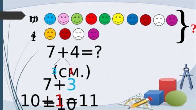 } 10 7 ? 4 1 7+4=?(см.) 3 1 7+ 3 =10 10+ 1 =11 