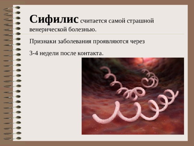 Сифилис считается самой страшной венерической болезнью. Признаки заболевания проявляются через 3-4 недели после контакта.