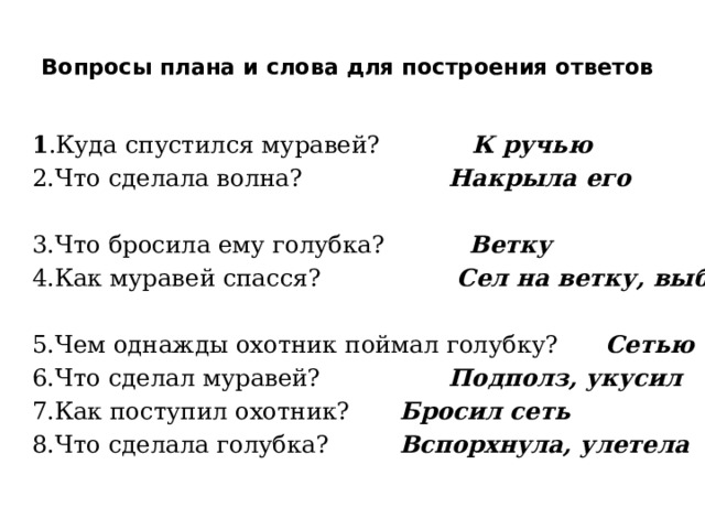 Вопросы плана и слова для построения ответов   1 .Куда спустился муравей? К ручью 2.Что сделала волна?   Накрыла его 3.Что бросила ему голубка? Ветку 4.Как муравей спасся?   Сел на ветку, выбрался 5.Чем однажды охотник поймал голубку? Сетью 6.Что сделал муравей?   Подполз, укусил 7.Как поступил охотник?   Бросил сеть 8.Что сделала голубка?    Вспорхнула, улетела   