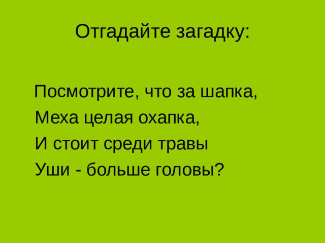  Посмотрите, что за шапка,  Меха целая охапка,  И стоит среди травы  Уши - больше головы? 