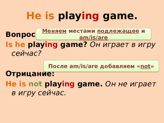 He is play ing game. Меняем местами подлежащее и am/is/are Вопрос: Is he play ing game? Он играет в игру сейчас?   Отрицание: He is not play ing game. Он не играет в игру сейчас.  После am/is/are добавляем « not » 