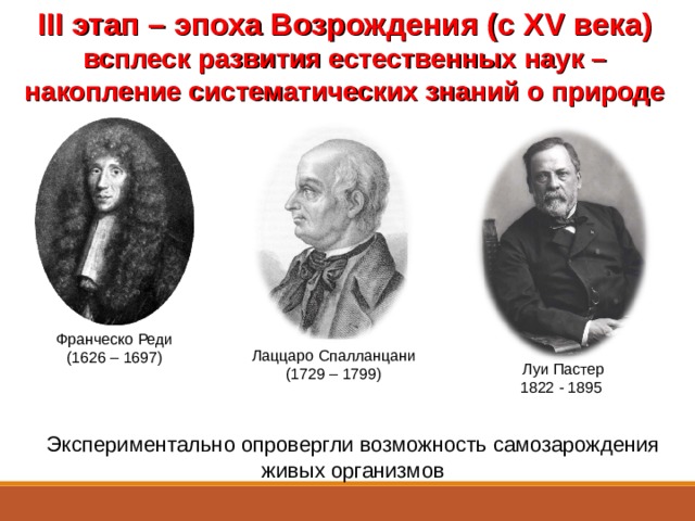 III этап – эпоха Возрождения (с Х V века) всплеск развития естественных наук – накопление систематических знаний о природе Франческо Реди (1626 – 1697) Лаццаро Спалланцани (1729 – 1799) Луи Пастер 1822 - 1895 Экспериментально опровергли возможность самозарождения живых организмов  