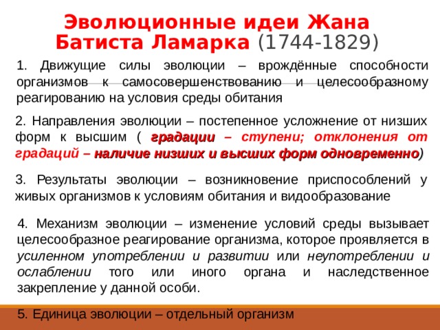 Эволюционные идеи Жана Батиста Ламарка (1744-1829) 1. Движущие силы эволюции – врождённые способности организмов к самосовершенствованию и целесообразному реагированию на условия среды обитания 2. Направления эволюции – постепенное усложнение от низших форм к высшим ( градации  – ступени; отклонения от градаций – наличие  низших и высших форм одновременно ) 3. Результаты эволюции – возникновение приспособлений у живых организмов к условиям обитания и видообразование 4. Механизм эволюции – изменение условий среды вызывает целесообразное реагирование организма, которое проявляется в усиленном употреблении и развитии или неупотреблении и ослаблении того или иного органа и наследственное закрепление у данной особи. 5. Единица эволюции – отдельный организм  