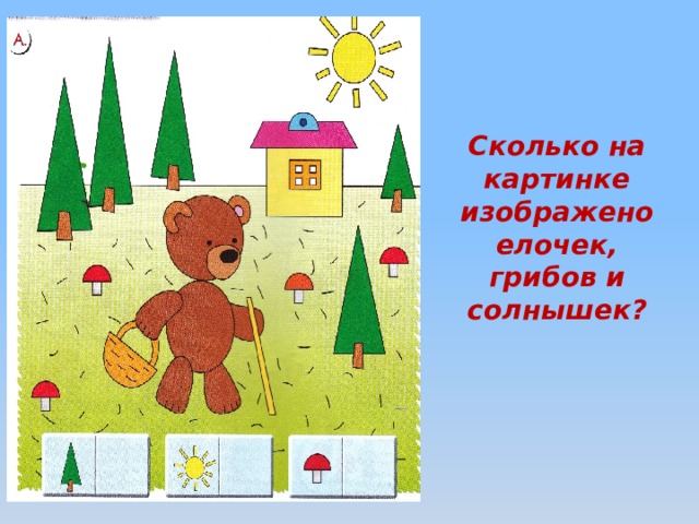 Сколько на картинке изображено елочек, грибов и солнышек? 