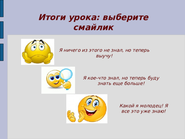 Итоги урока: выберите смайлик Я ничего из этого не знал, но теперь выучу! Я кое-что знал, но теперь буду знать еще больше! Какой я молодец! Я все это уже знаю! 