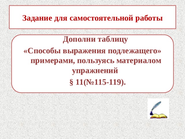 Задание для самостоятельной работы  Дополни таблицу «Способы выражения подлежащего» примерами, пользуясь материалом упражнений  § 11(№115-119). 